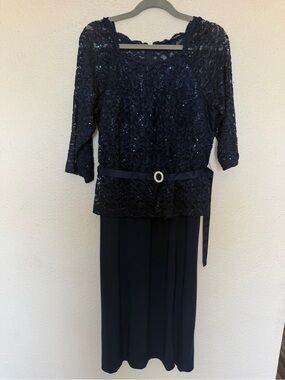 Macy's Navy Sequin Lace Long Sleeve Evening Dress with Belt